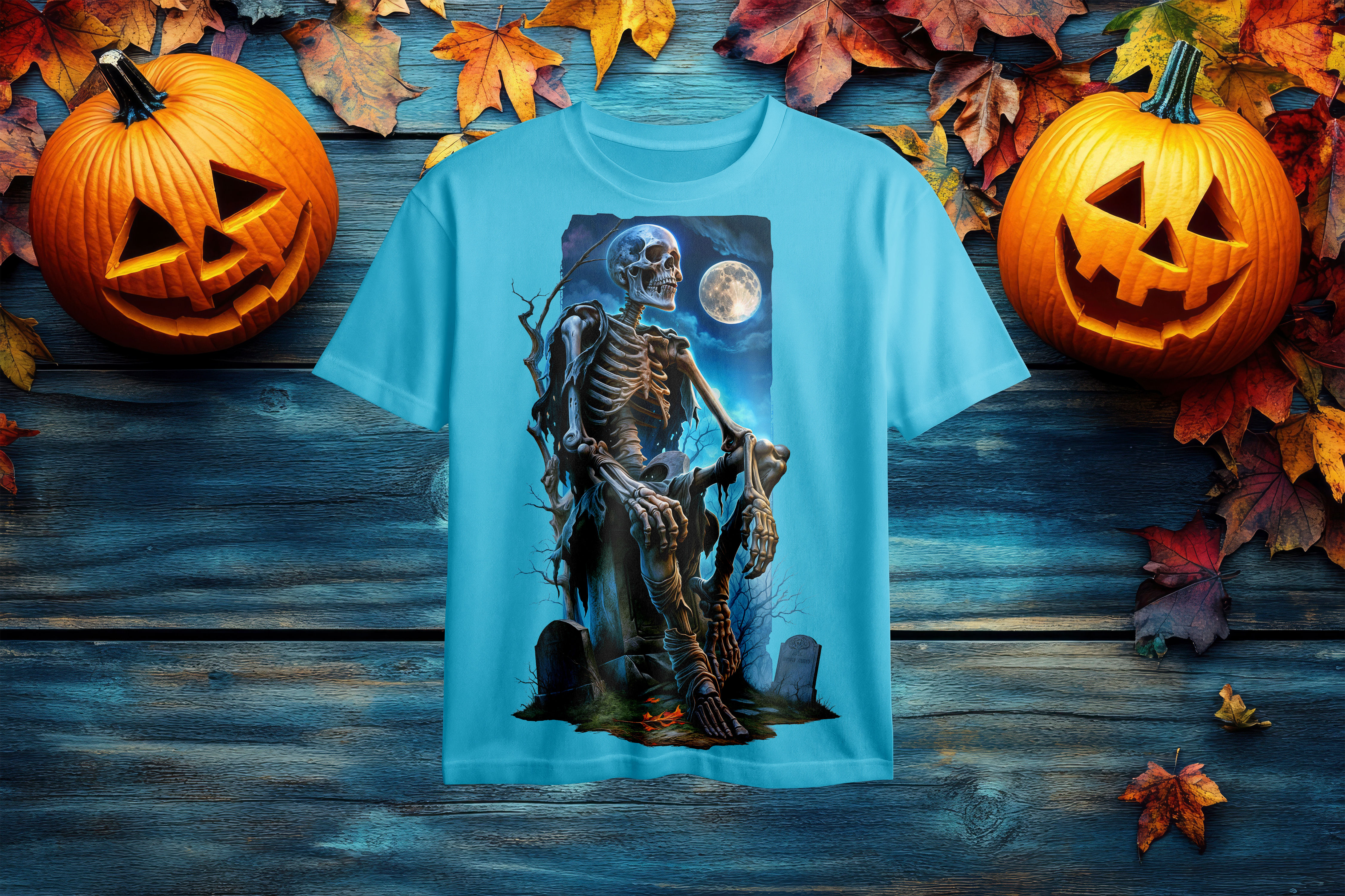 Light blue Halloween themed tee with spooky graveyard skeleton art.