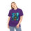 Thumbnail: Woman wears purple t-shirt featuring green wolf monster design, stormy background.
