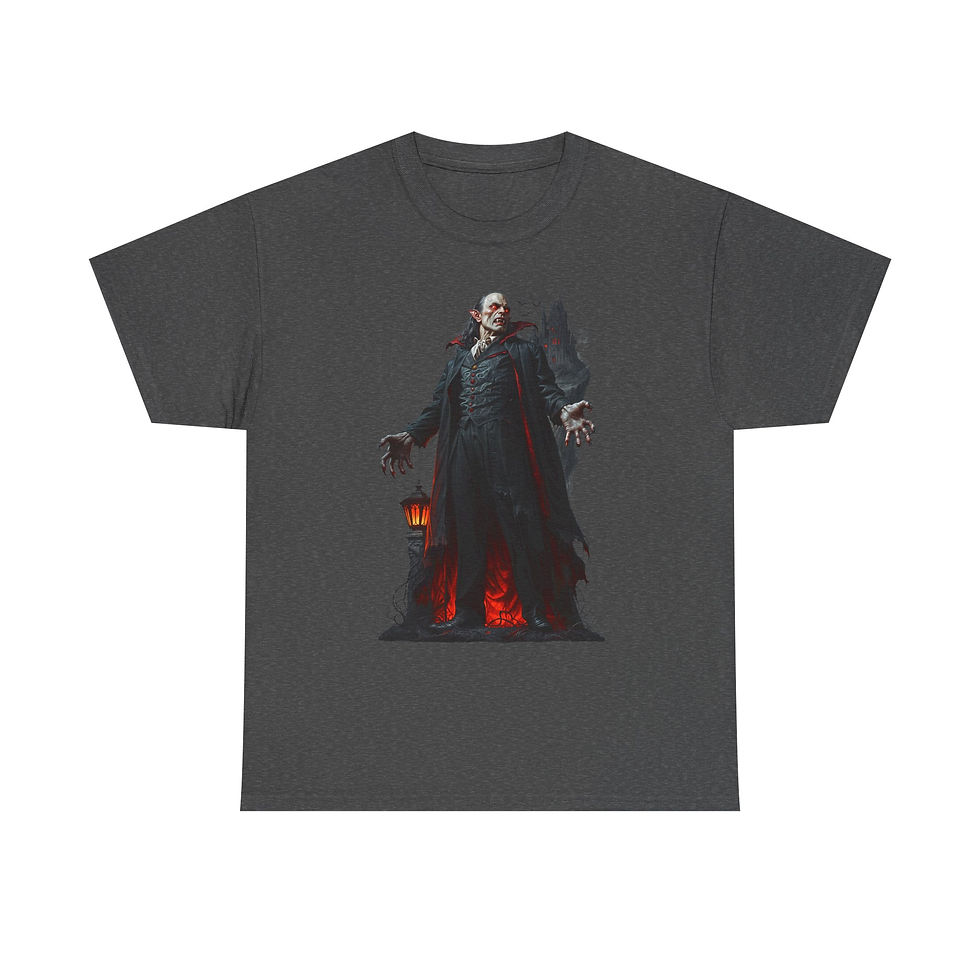 Thumbnail: Dark gray t-shirt with vampire figure holding lantern amidst fiery embers.