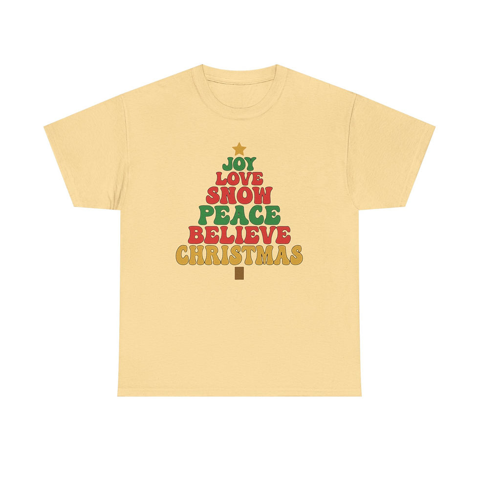Thumbnail: Yellow t-shirt with 'JOY LOVE SNOW PEACE BELIEVE CHRISTMAS' tree design.