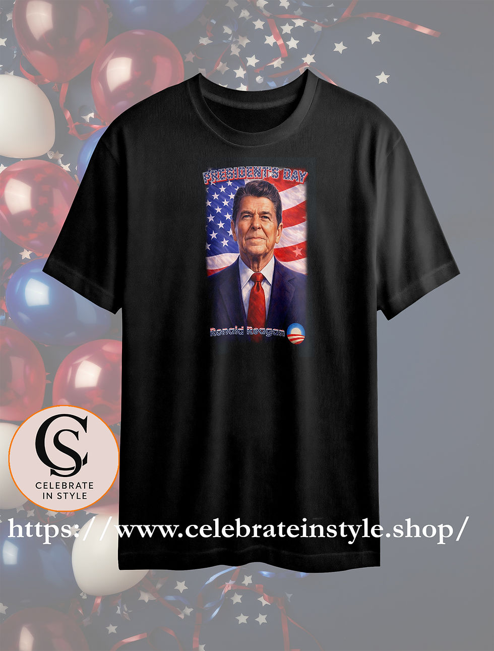 Black t-shirt, Ronald Reagan portrait, 'DON'T LET THE LEFT', American flag background.
