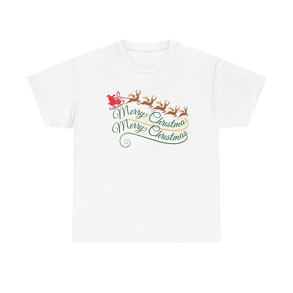 Thumbnail: White t-shirt with Santa's sleigh, reindeer, three Merry Christmas phrases.