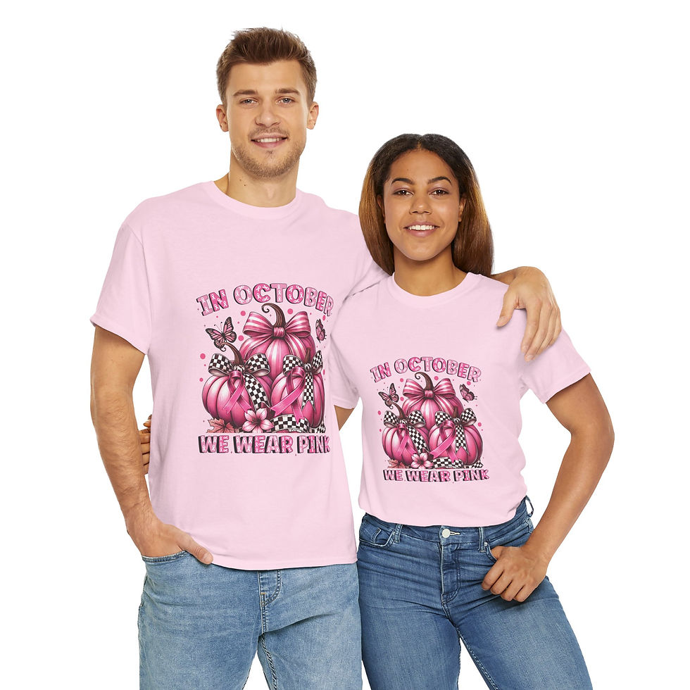 Thumbnail: Man and woman in pink 'I'M CHEERING FOR MY TEAM' breast cancer awareness shirts.