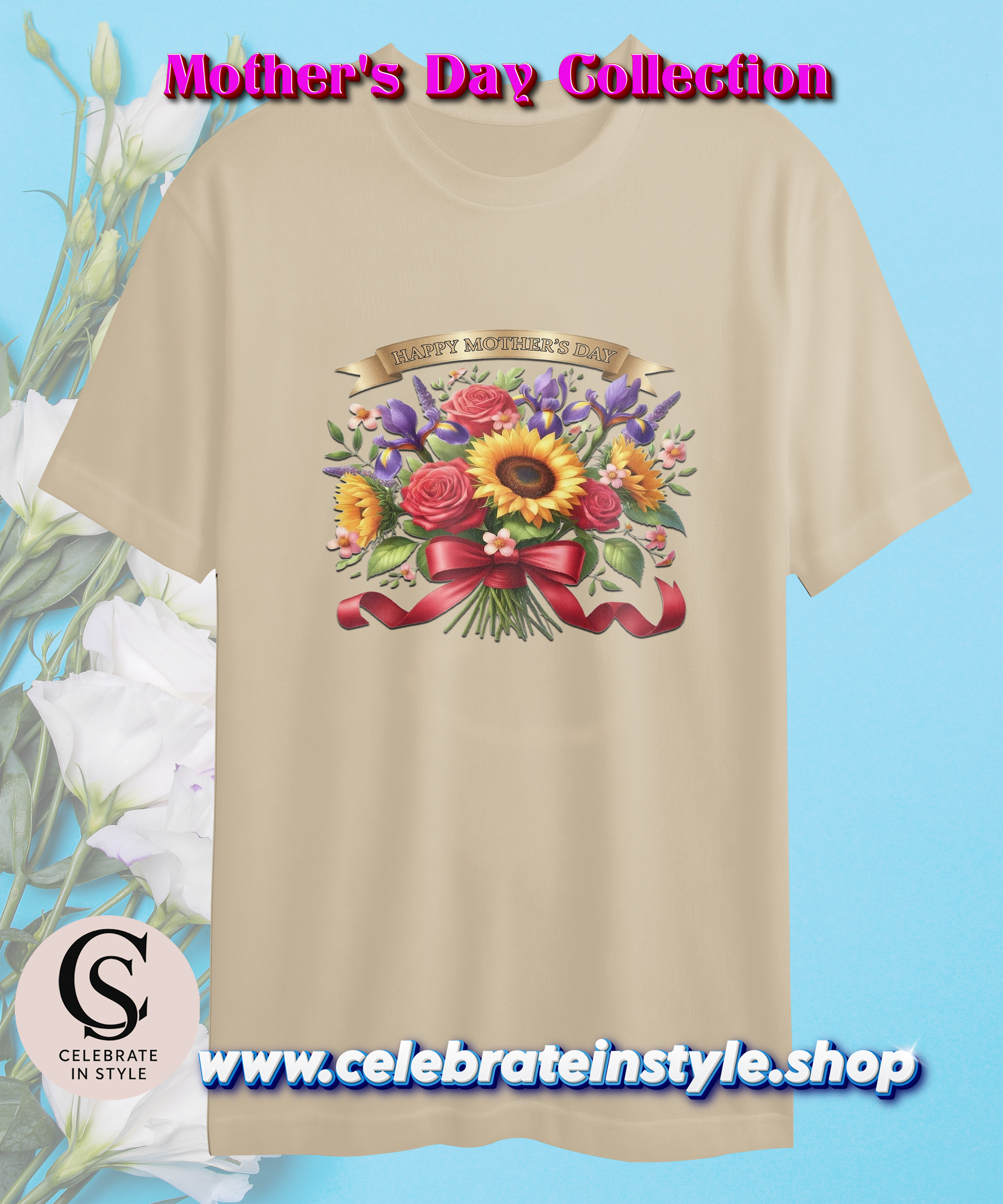 Beige t-shirt with "Happy Mother's Day" floral bouquet design.