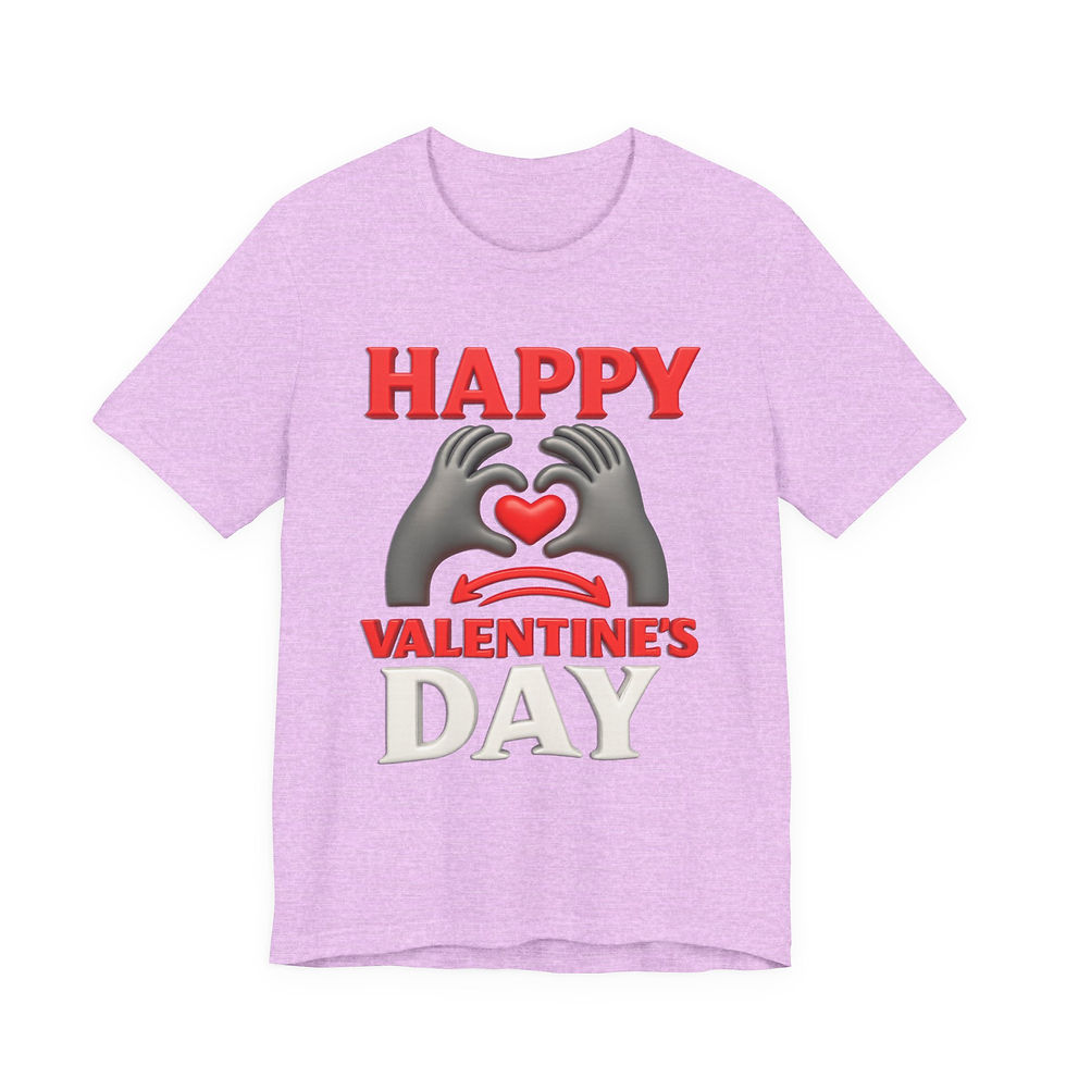 Thumbnail: Light purple t-shirt with hands forming heart, "Happy Valentine's Day".