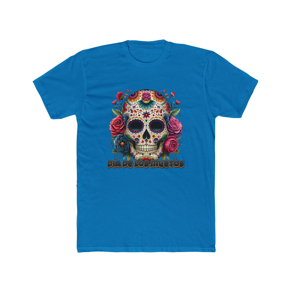 Thumbnail: Blue t-shirt features colorful sugar skull and "DAY OF THE DEAD" text.