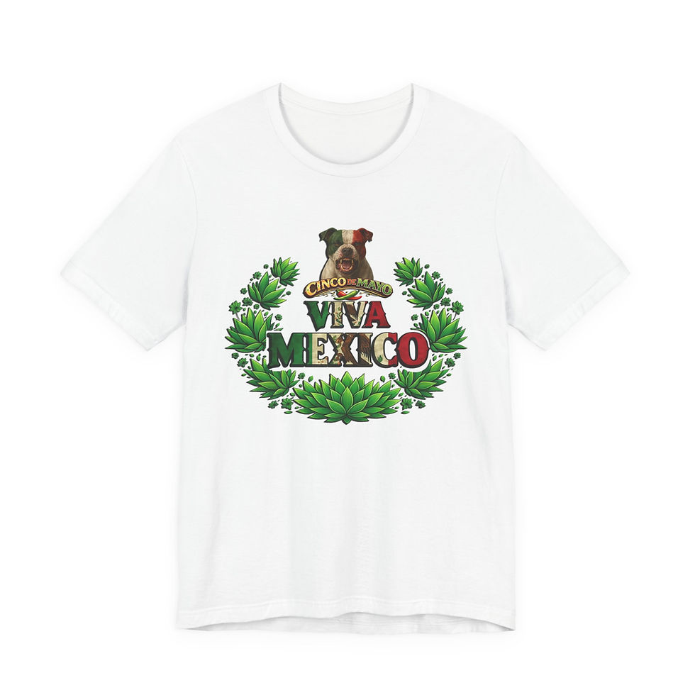 Thumbnail: White t-shirt with dog above "VIVA MEXICO" in flag colors, green wreath.