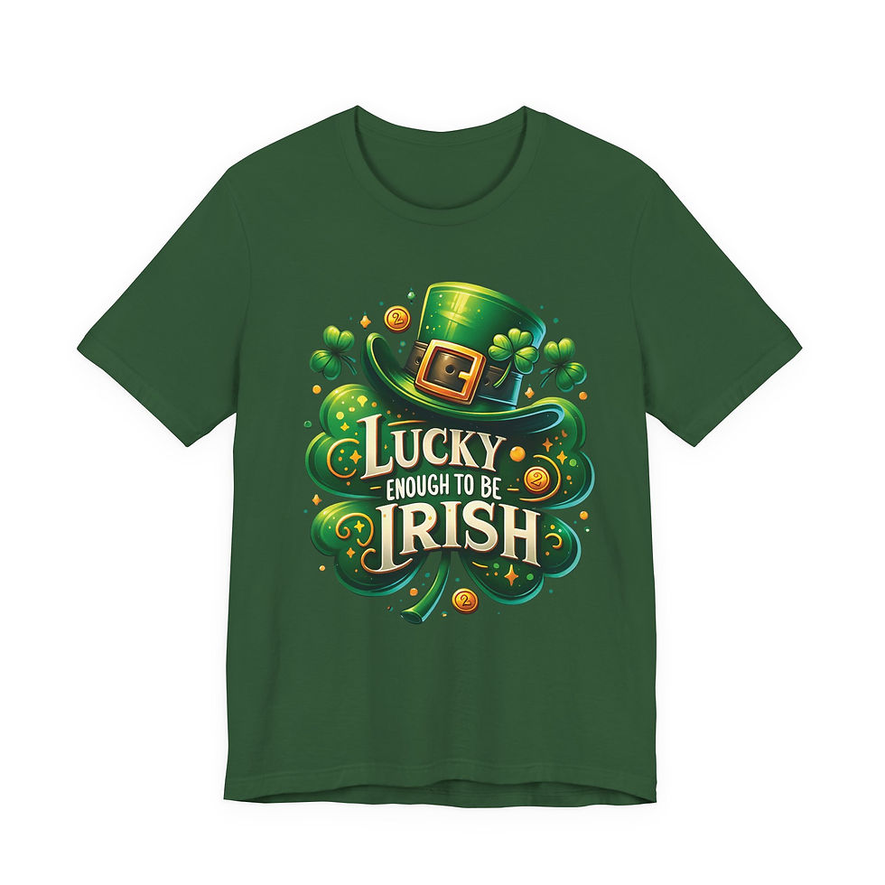 Thumbnail: Green t-shirt, "LUCKY ENOUGH TO BE IRISH" message, leprechaun hat, shamrocks.
