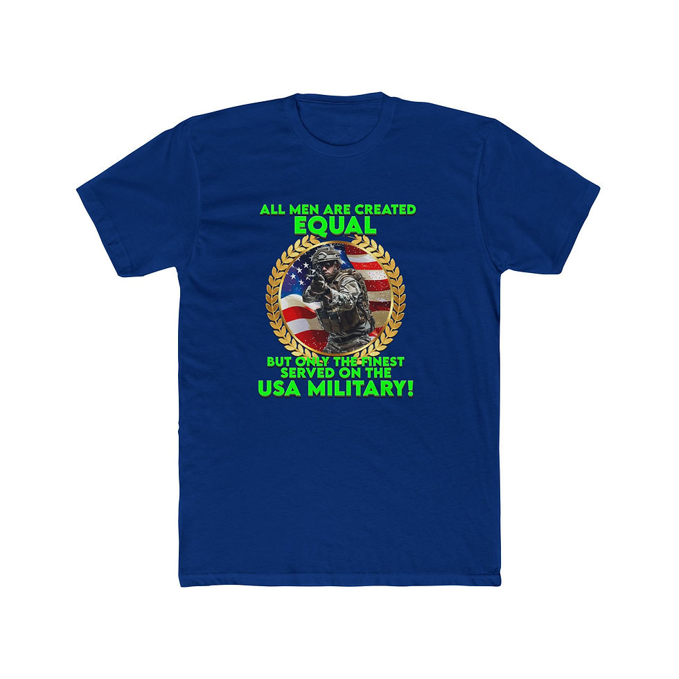 Thumbnail: Blue t-shirt with patriotic eagle emblem and military pride text.