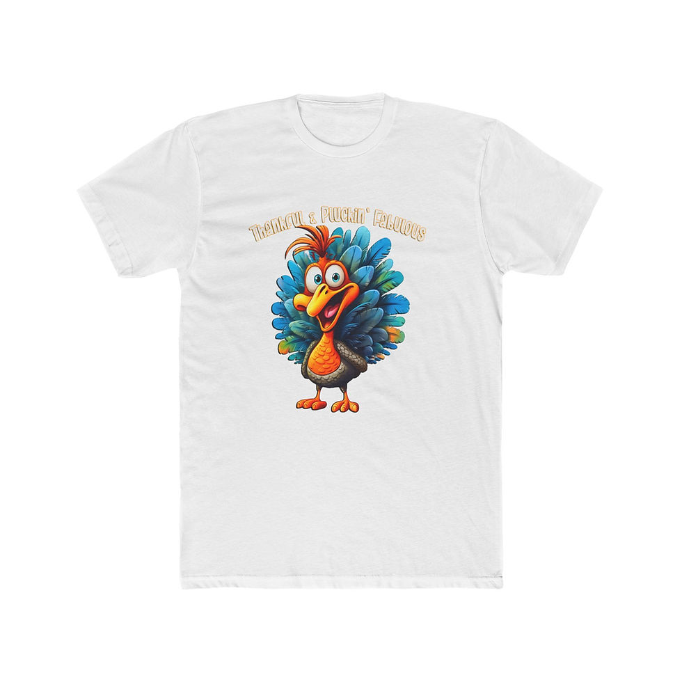 Thumbnail: White t-shirt featuring "HAPPY THANKSGIVING" text and cartoon turkey design.