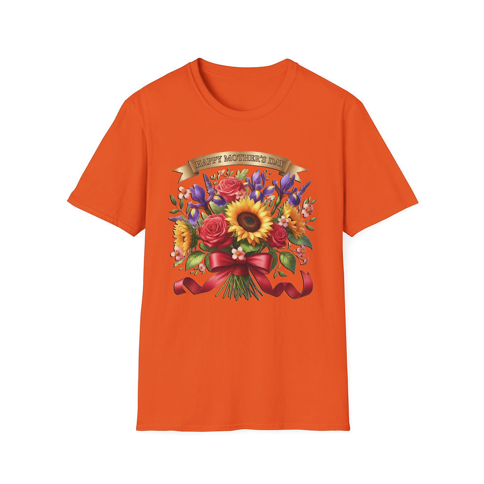 Thumbnail: Orange t-shirt features 'Happy Mother's Day' banner on colorful flower bouquet.