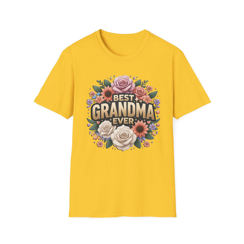 Thumbnail: Yellow t-shirt with BEST GRANDMA EVER text in a vibrant floral wreath.