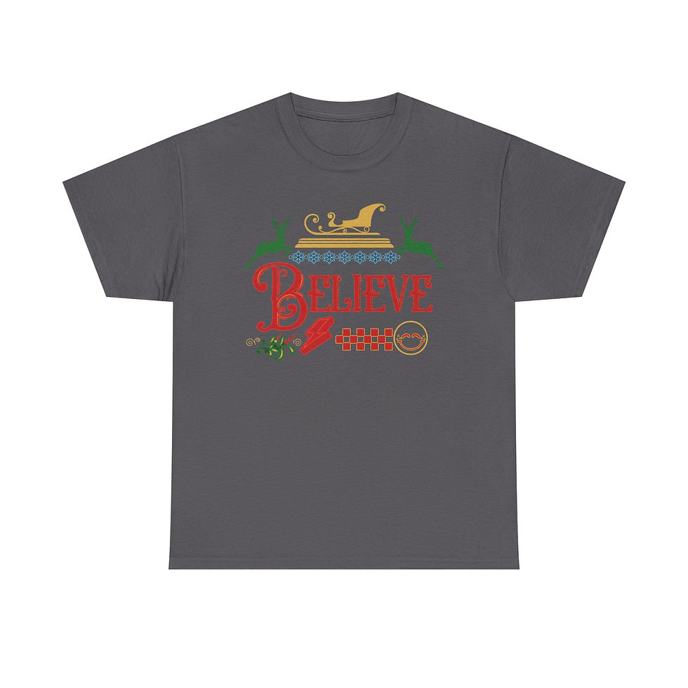 Thumbnail: Dark gray t-shirt with "STILL BELIEVE IN SANTA" and Christmas design.