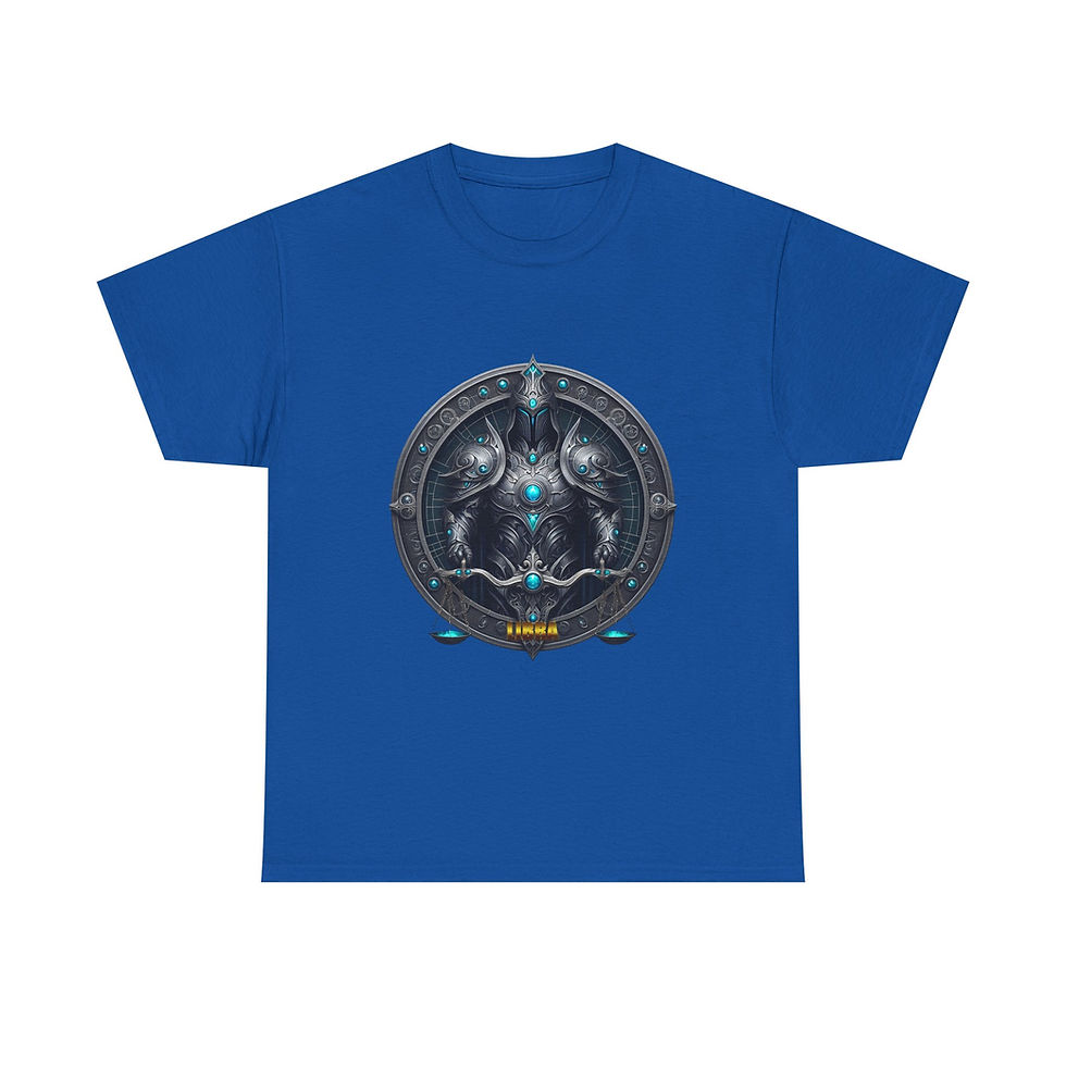 Thumbnail: Blue t-shirt displaying a dark, intricate, circular sci-fi emblem.