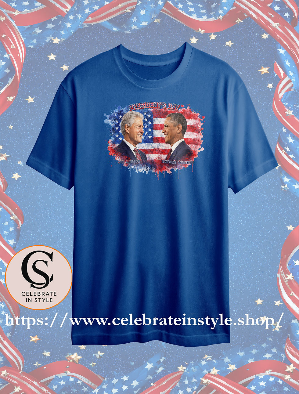 Blue t-shirt with Bill Clinton and Barack Obama over American flag, celebrateinstyle.shop.
