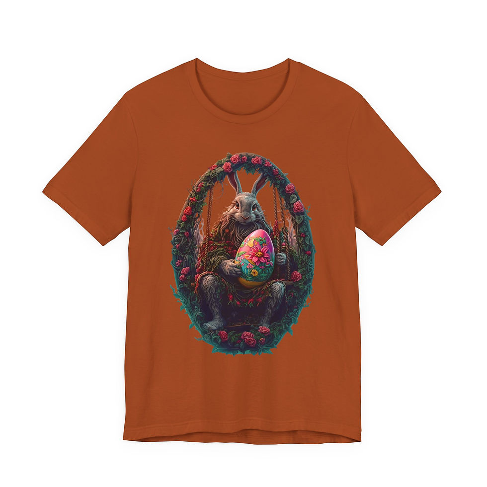 Thumbnail: Orange t-shirt featuring mythical rabbit holding a vibrant Easter egg.