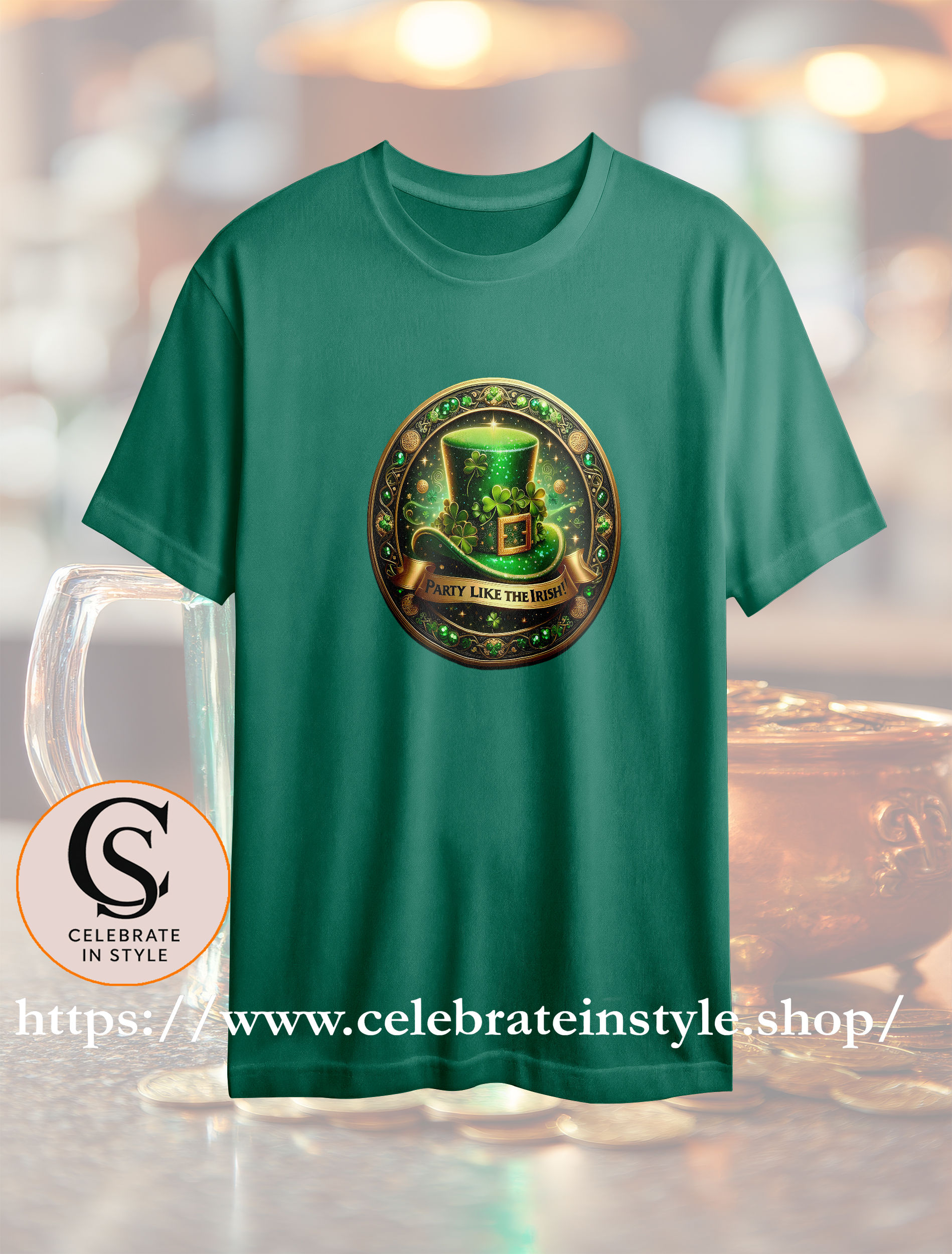 Green t-shirt, leprechaun hat, "HAPPY ST. PATRICK'S DAY" text, Celebrate In Style.