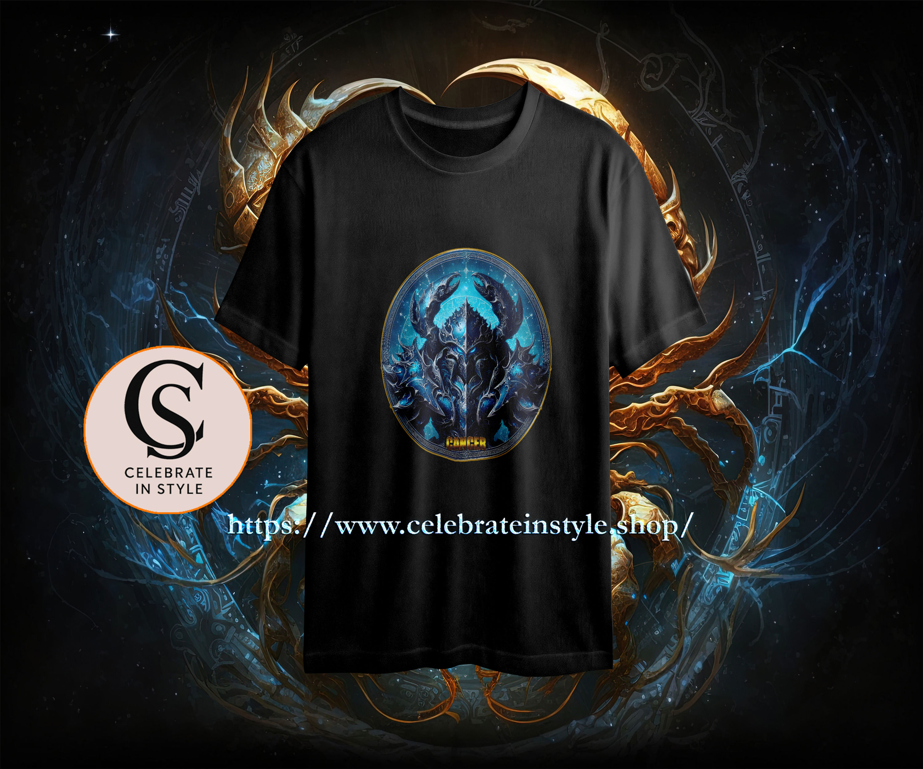 Black t-shirt, blue horned skull, CELEBRATE IN STYLE, celebrateinstyle.shop