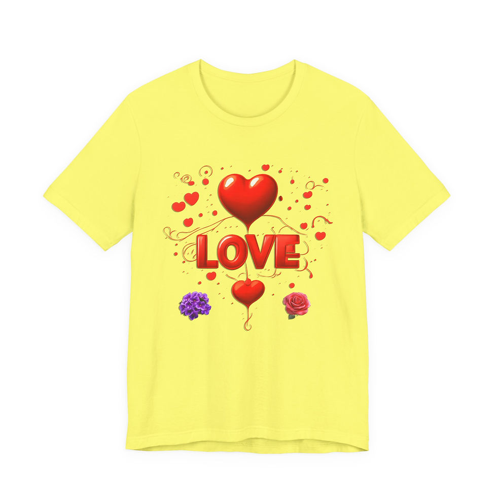 Thumbnail: Yellow t-shirt with "LOVE" text and numerous 28-Love Hearts design.