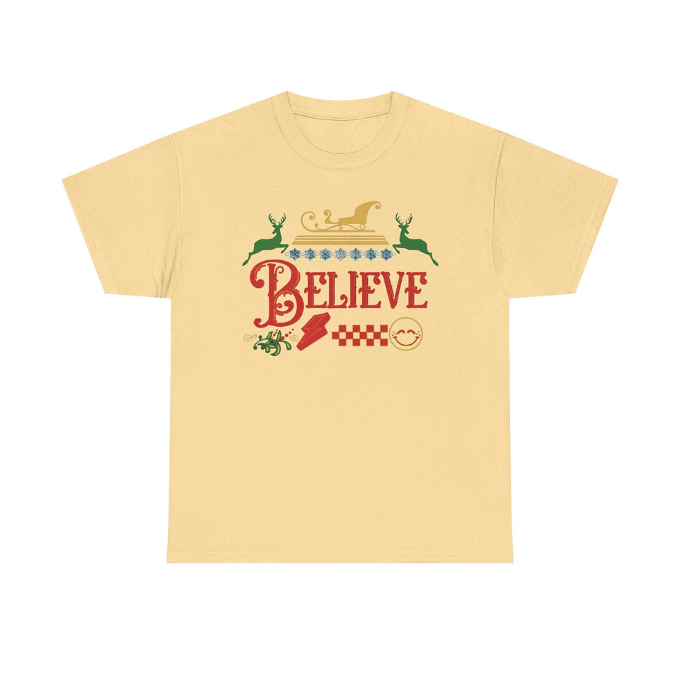 Thumbnail: Light yellow t-shirt with MERRY CHRISTMAS BELIEVE text, deer design.