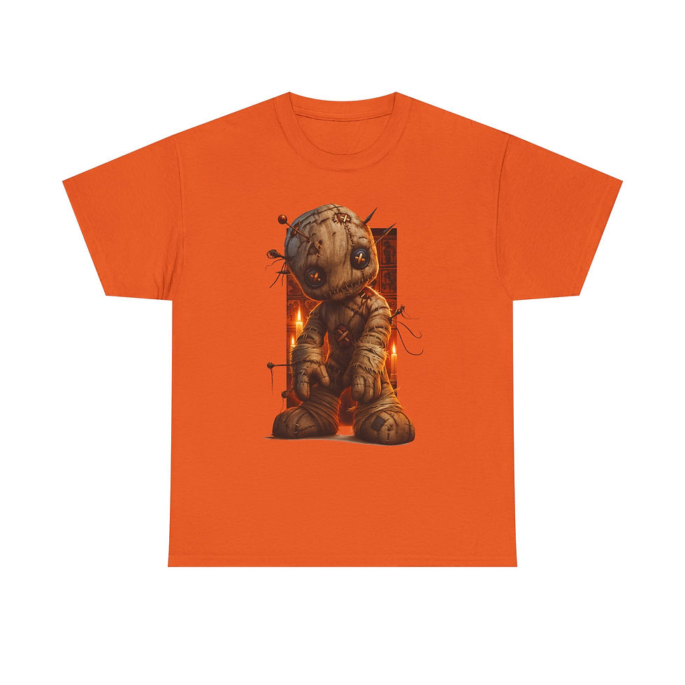 Thumbnail: Orange t-shirt with scary stitched creature and pins, fiery background.