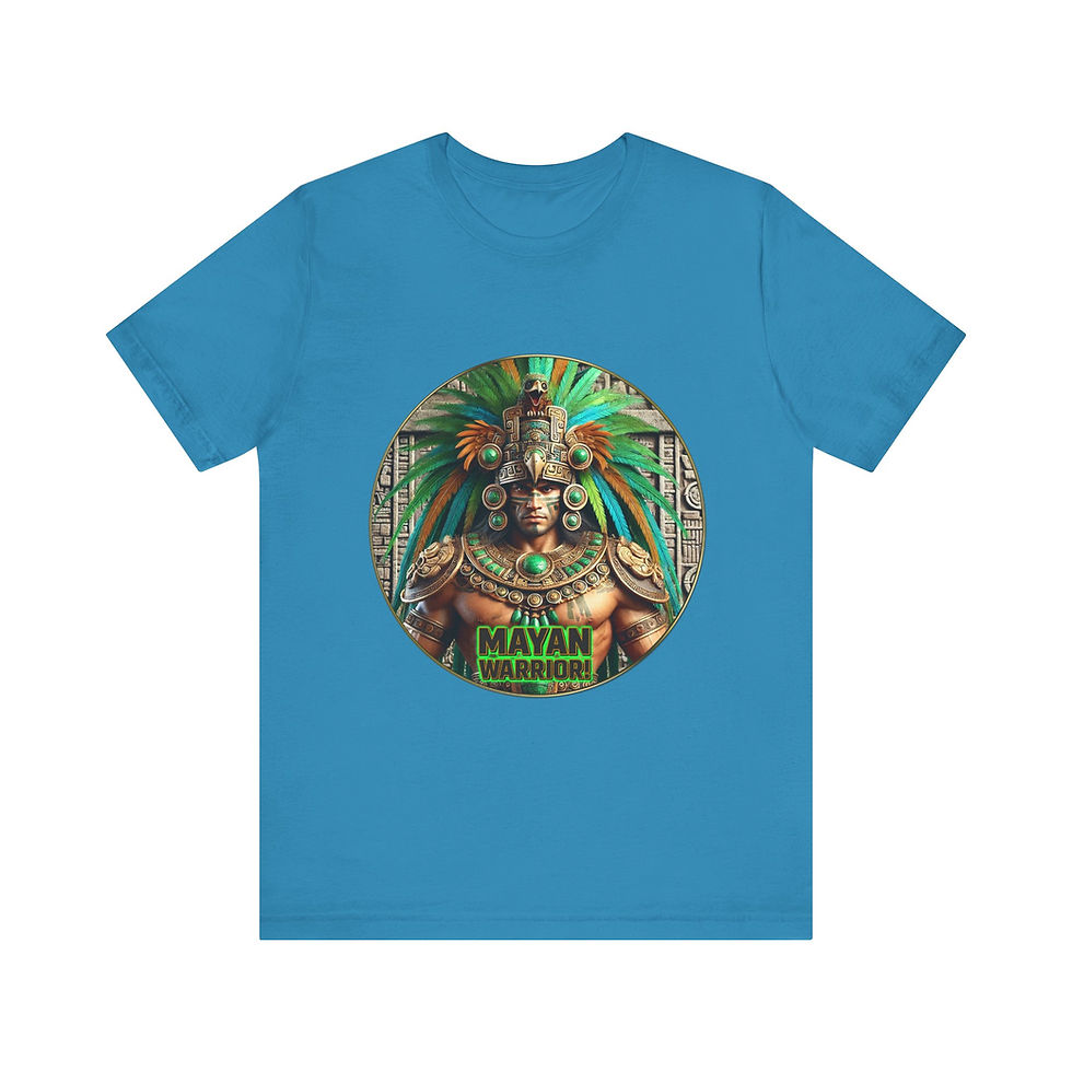 Thumbnail: Blue t-shirt, "AZTLAN" text, featuring vibrant, detailed Aztec deity graphic.