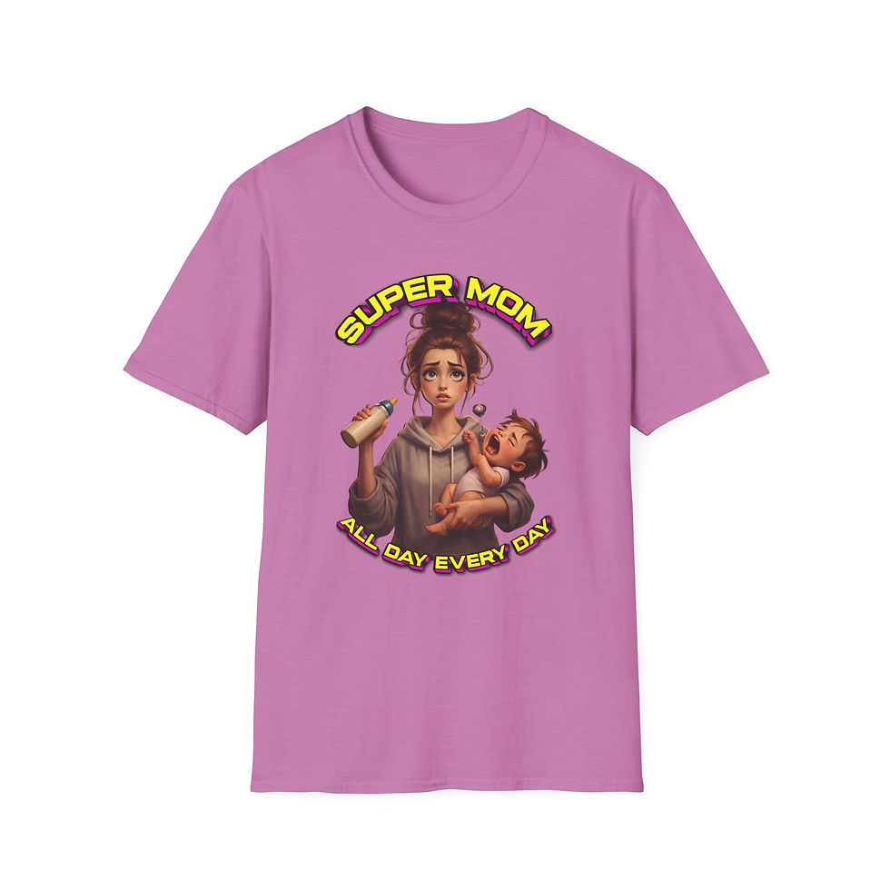 Thumbnail: Purple t-shirt, "SUPER MOM POWERING EVERY DAY" graphic of mom, baby.