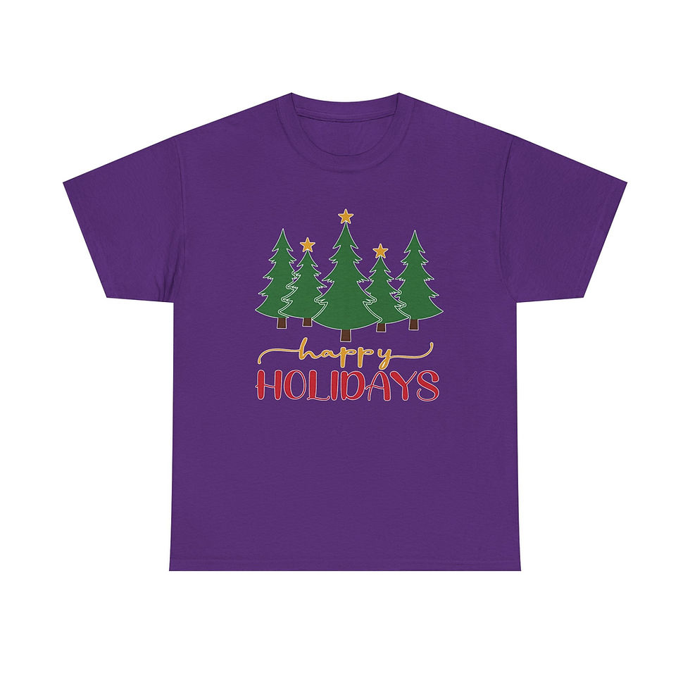 Thumbnail: Purple t-shirt, green Christmas trees with stars, reads 'Happy Holidays'.