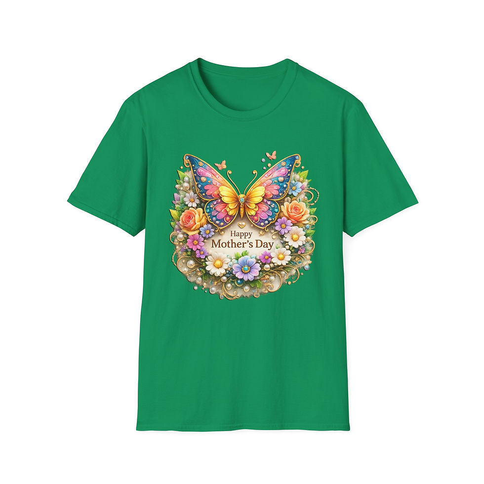Thumbnail: Green t-shirt with colorful floral butterfly design and "Happy Mother's Day".