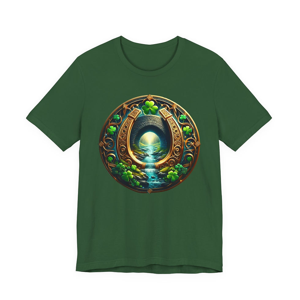 Thumbnail: Dark green t-shirt with golden horseshoe, clovers, and mystical tunnel design.