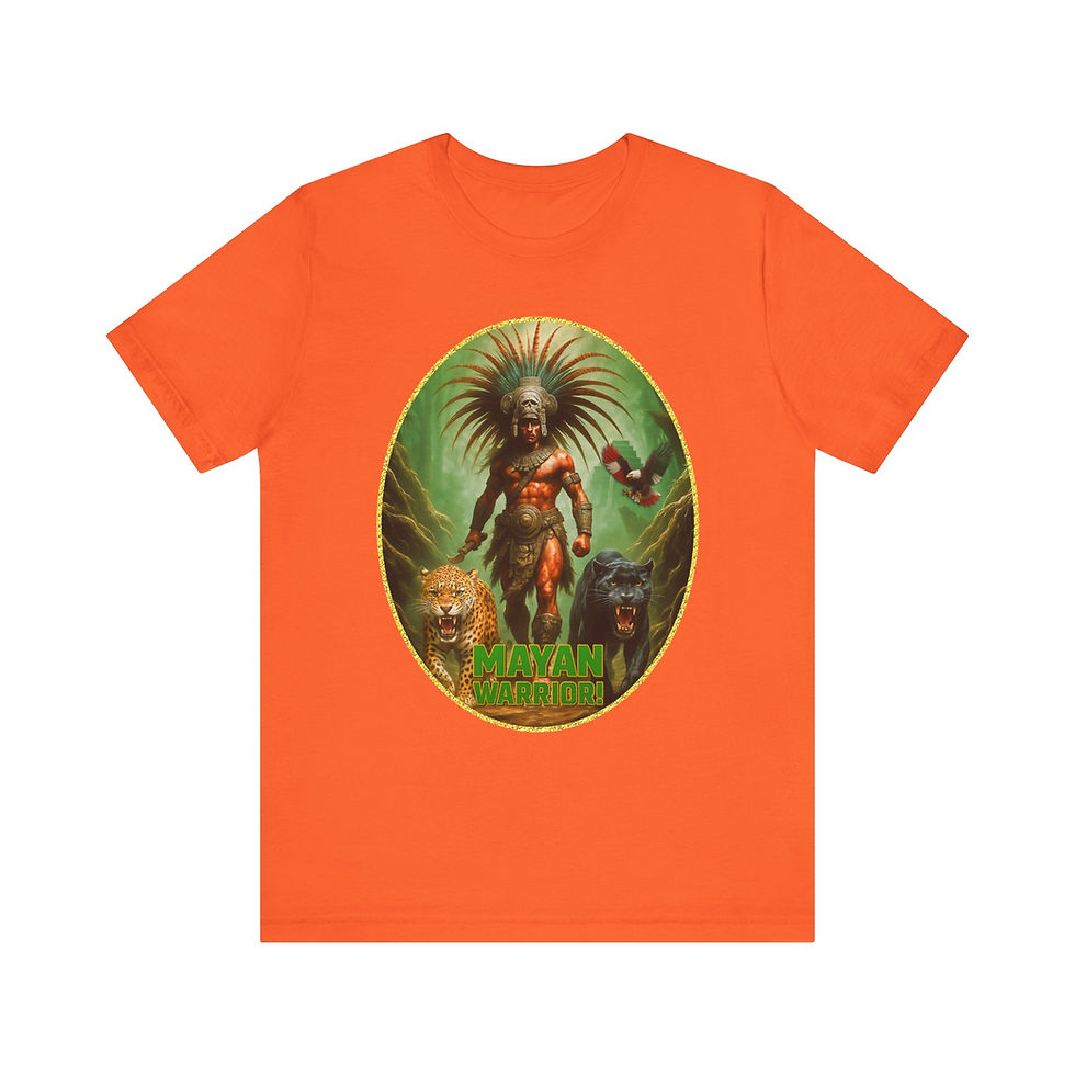 Thumbnail: Orange t-shirt featuring intricate warrior, lion, and dark creature oval graphic.