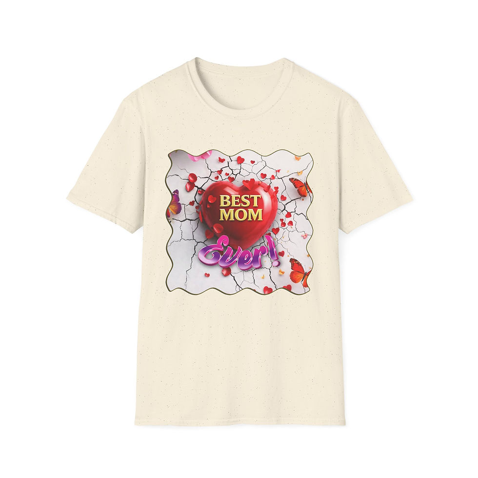 Thumbnail: Cream t-shirt with 'BEST MOM EVER' red heart balloon graphic, small hearts.
