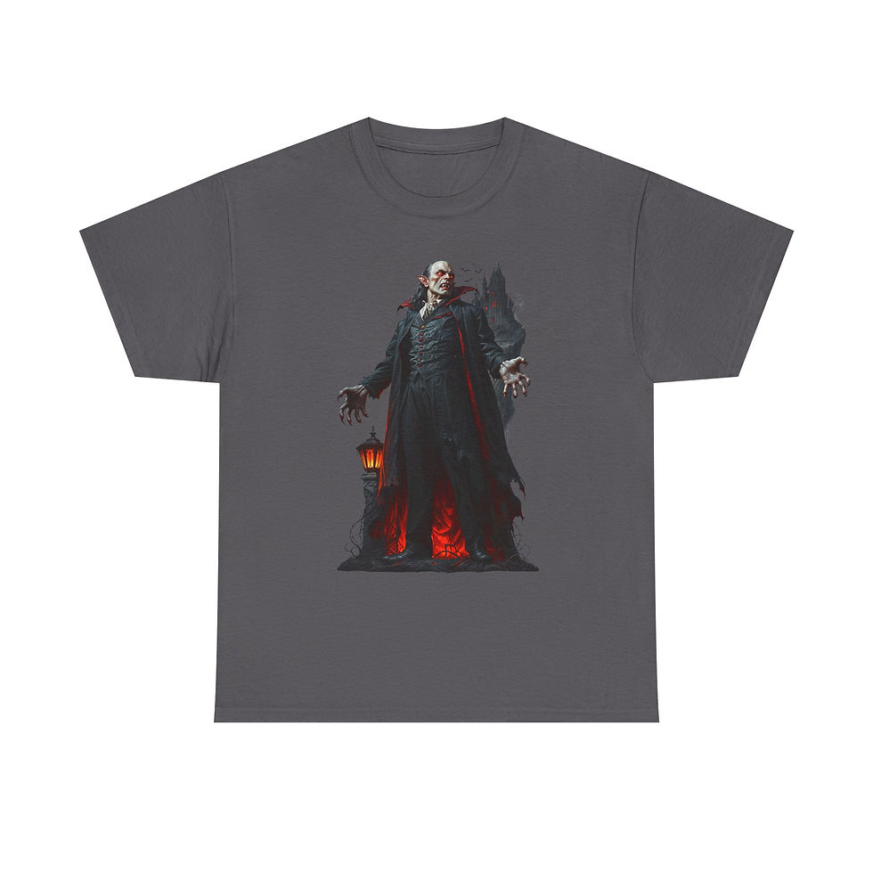 Thumbnail: Dark gray t-shirt featuring vampire figure standing on fiery ground.