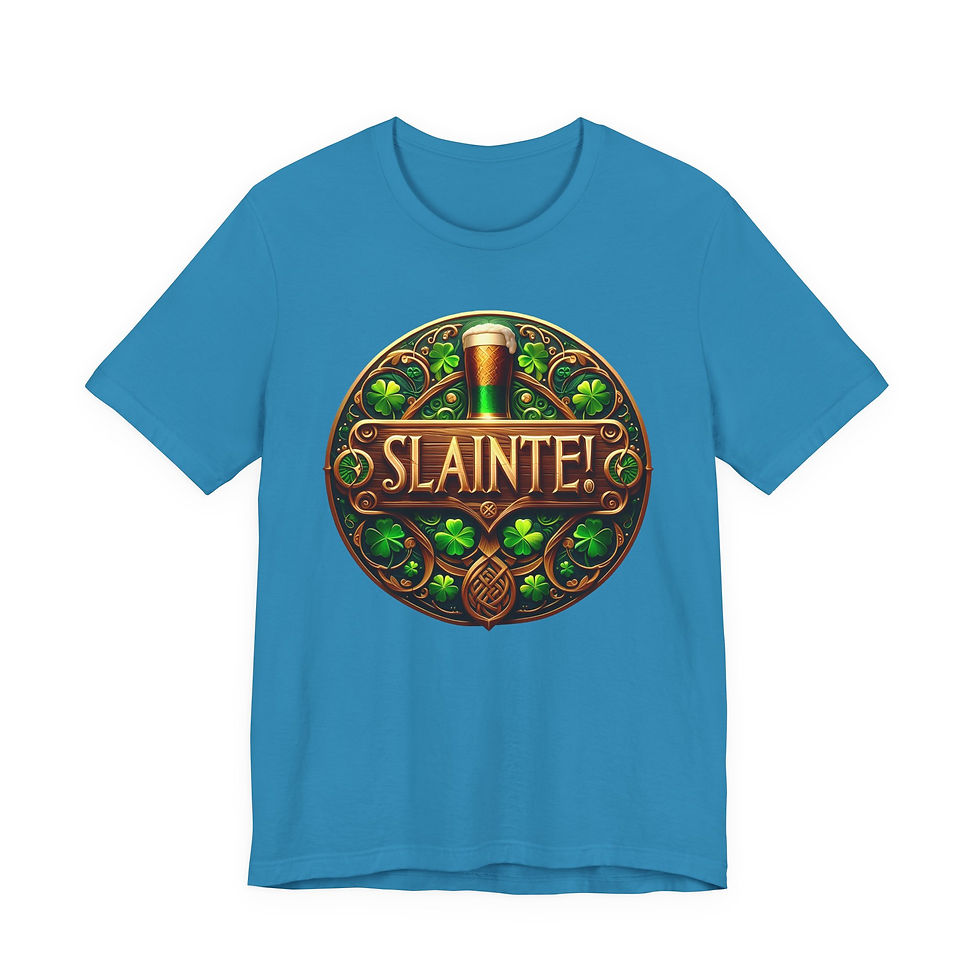 Thumbnail: Blue t-shirt, "SLAINTE!" graphic, beer, shamrocks, Saint Patrick's Day design.