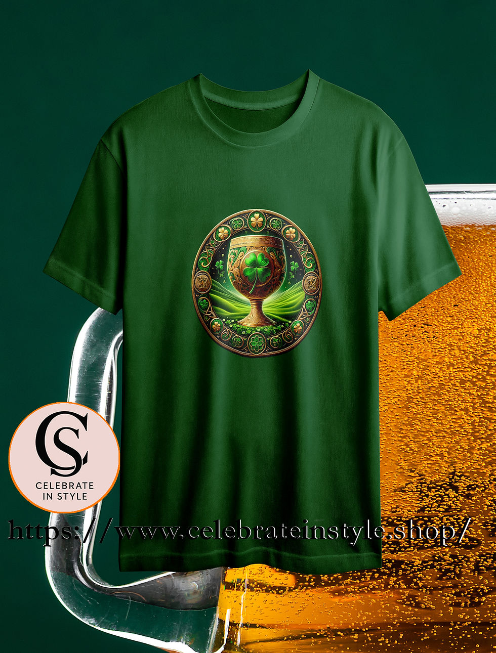 Dark green t-shirt with beer glass and shamrock emblem, St. Patrick's Day.