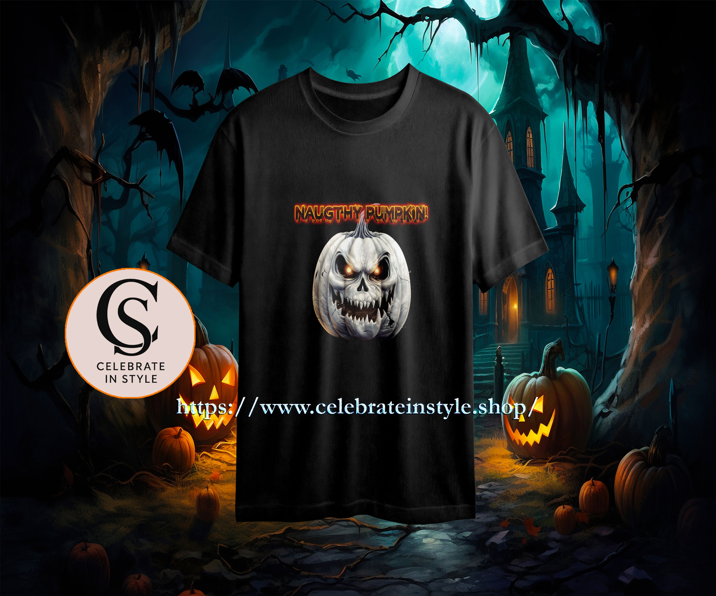 Black t-shirt, "HAPPY HALLOWEEN" with scary white pumpkin design, spooky castle.