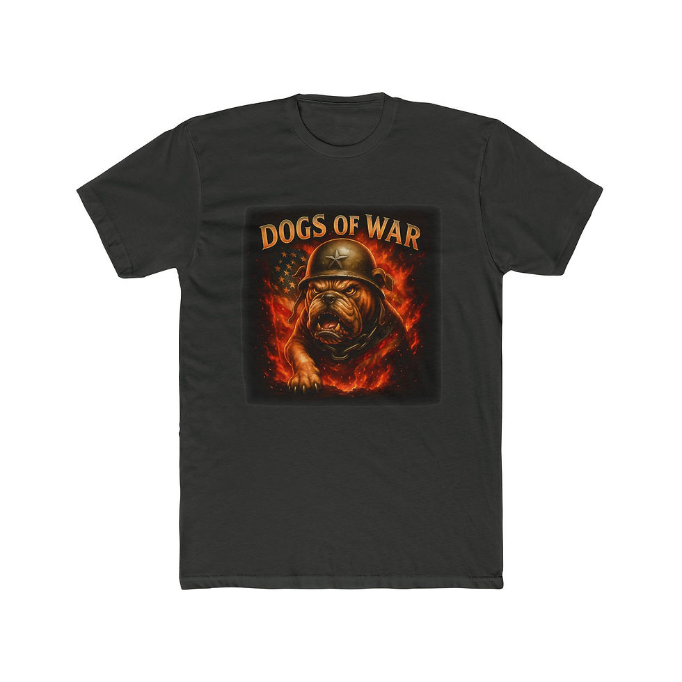Thumbnail: Dark grey t-shirt with 'DOGS OF WAR' and fiery helmeted dog.