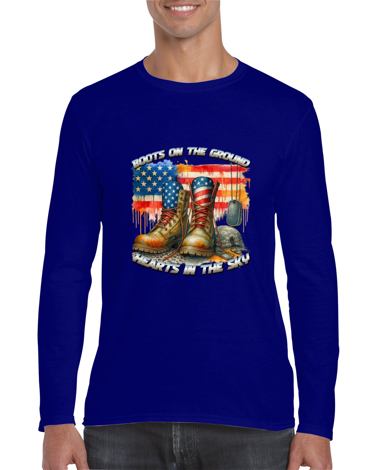 Blue shirt, "BOOTS ON THE GROUND HEARTS IN THE SKY" with military boots, flag.