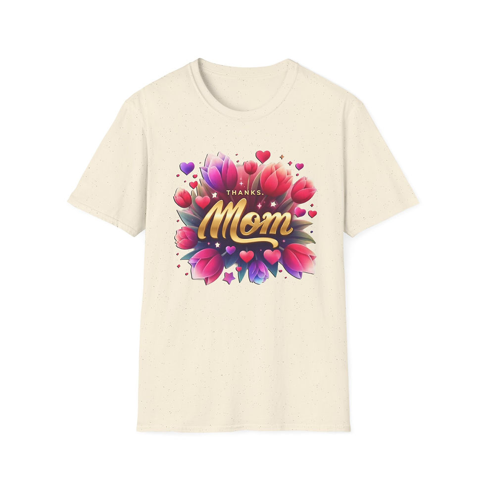 Thumbnail: Cream t-shirt featuring "Best Mom" text surrounded by hearts and flowers.