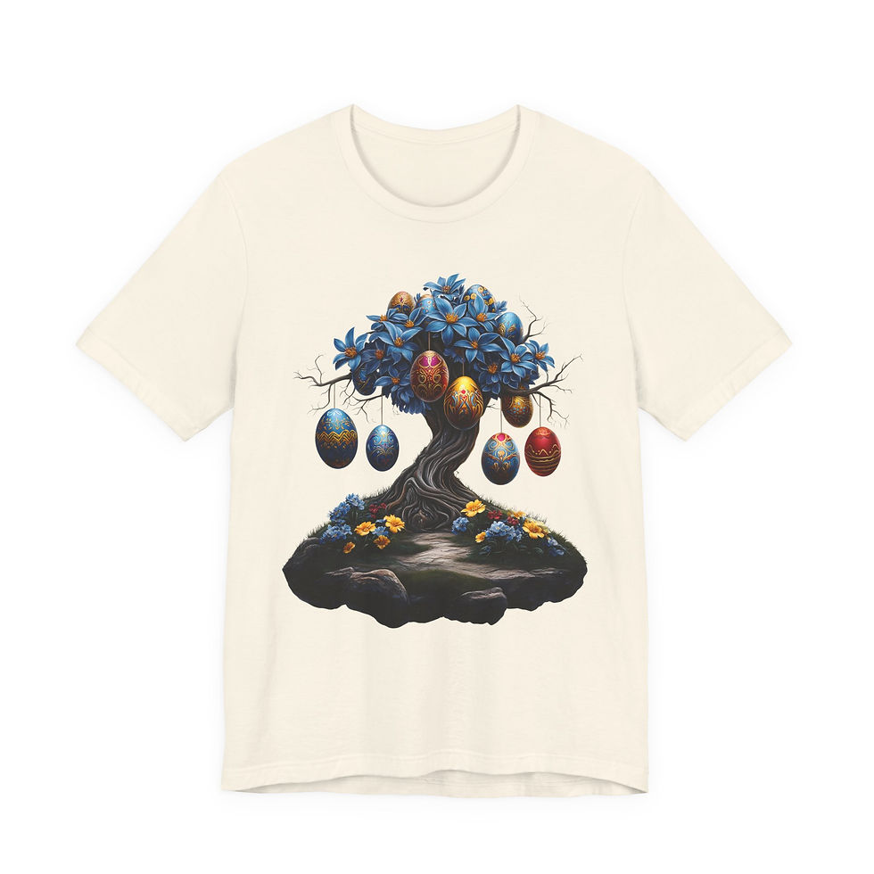 Thumbnail: Cream t-shirt featuring stylized blue tree with colorful hanging eggs.
