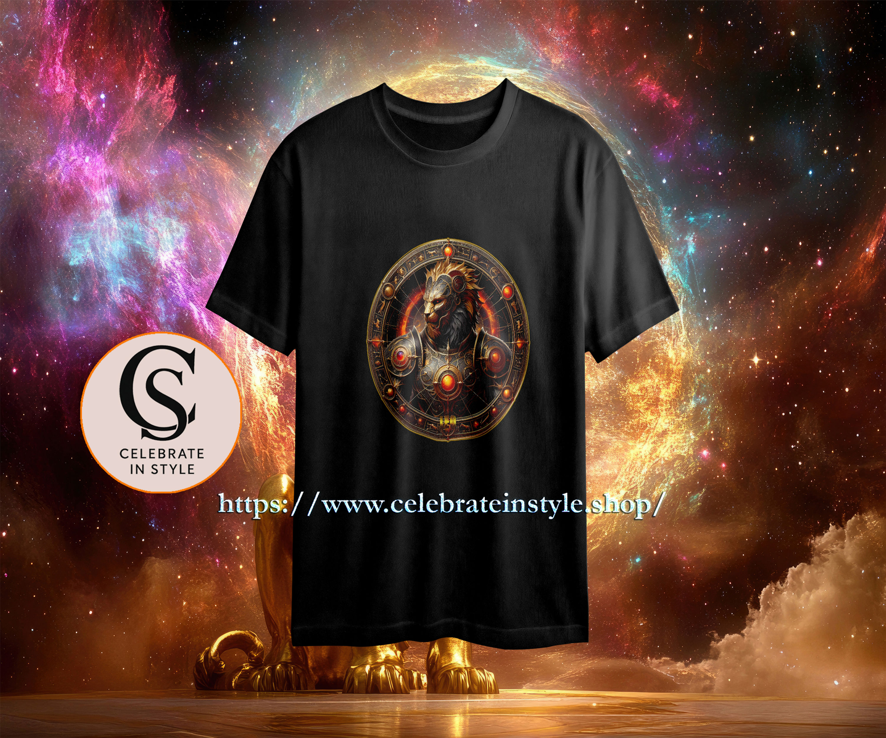 Black t-shirt, ornate circular design, 