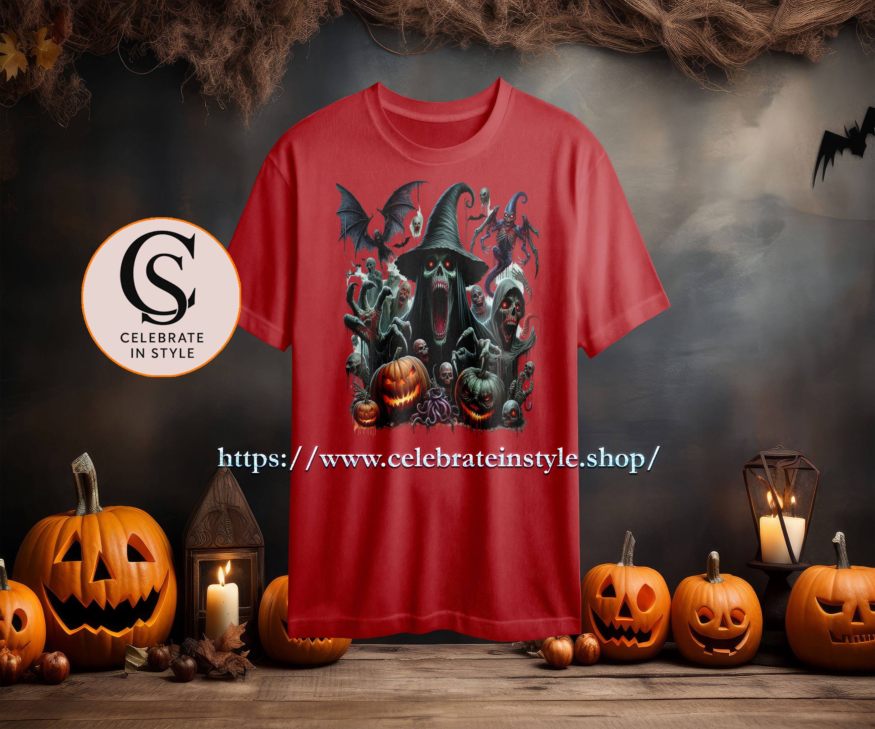 Red t-shirt, spooky witch, skeletons, pumpkins, CELEBRATE IN STYLE, website.
