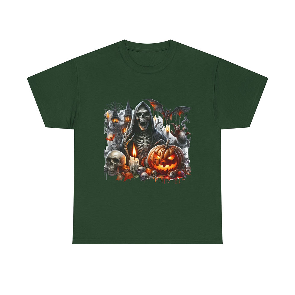 Thumbnail: Dark green t-shirt with Halloween graphic: Grim Reaper, jack-o'-lantern, skulls, candles.