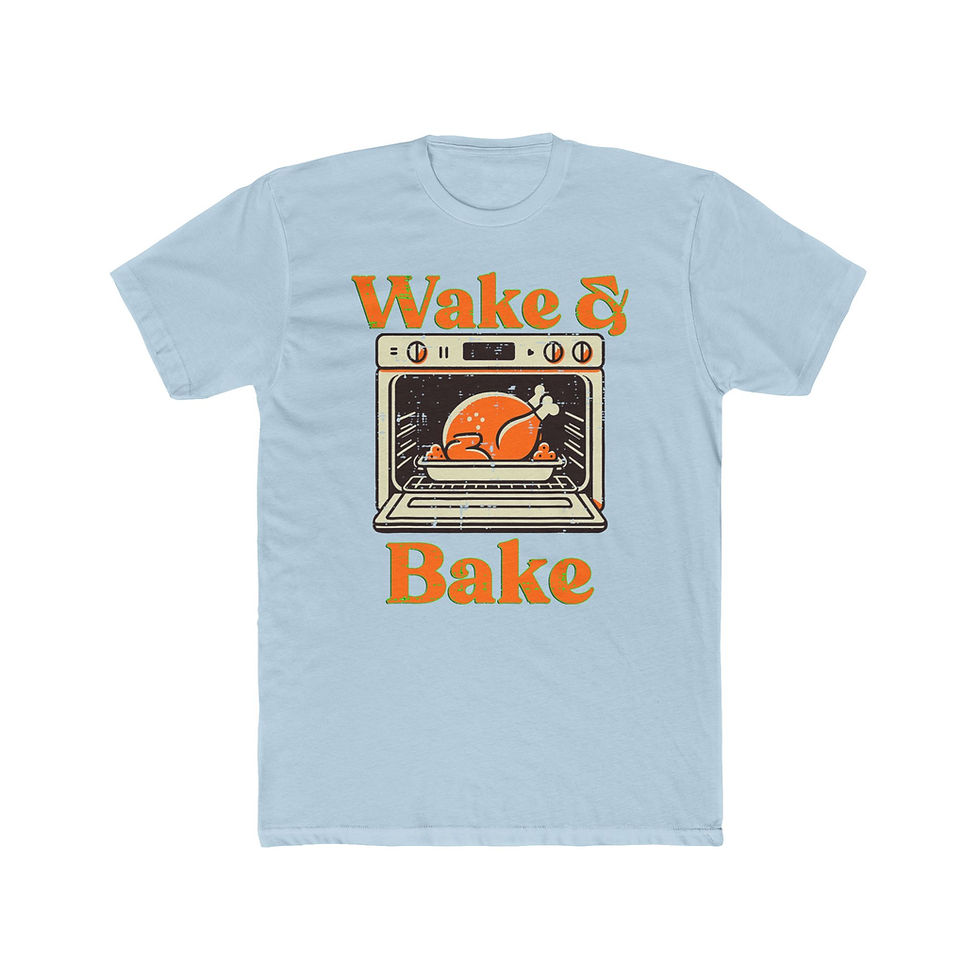 Thumbnail: Light blue t-shirt with "Wake & Bake" text and turkey in oven.