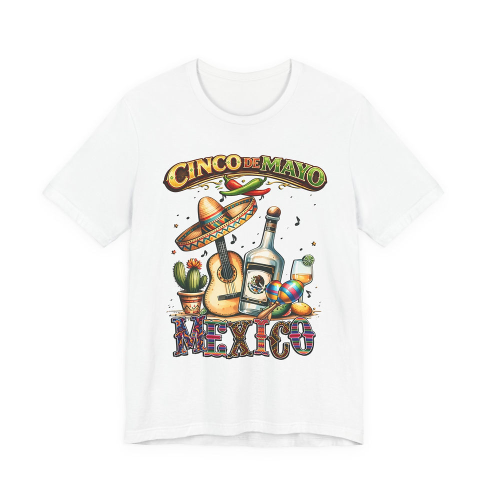 White t-shirt with 'CINCO DE MAYO MEXICO' graphic, sombrero, tequila, cactus.