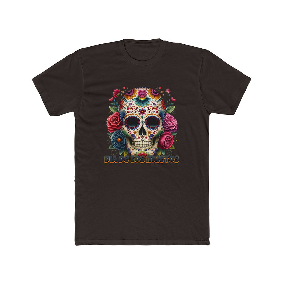 Thumbnail: Dark t-shirt featuring bright sugar skull decorated with colorful flowers.