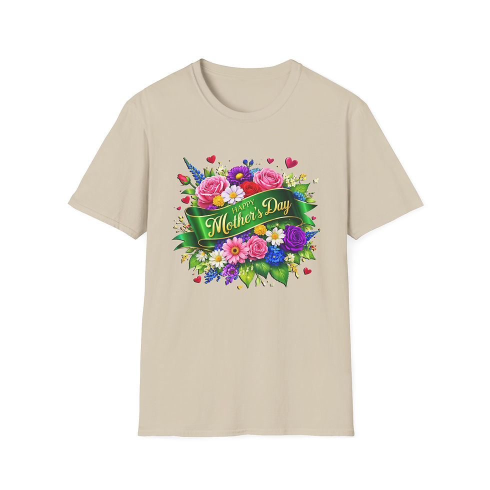 Thumbnail: Beige t-shirt with "Mother's Day" text and vibrant floral wreath design.