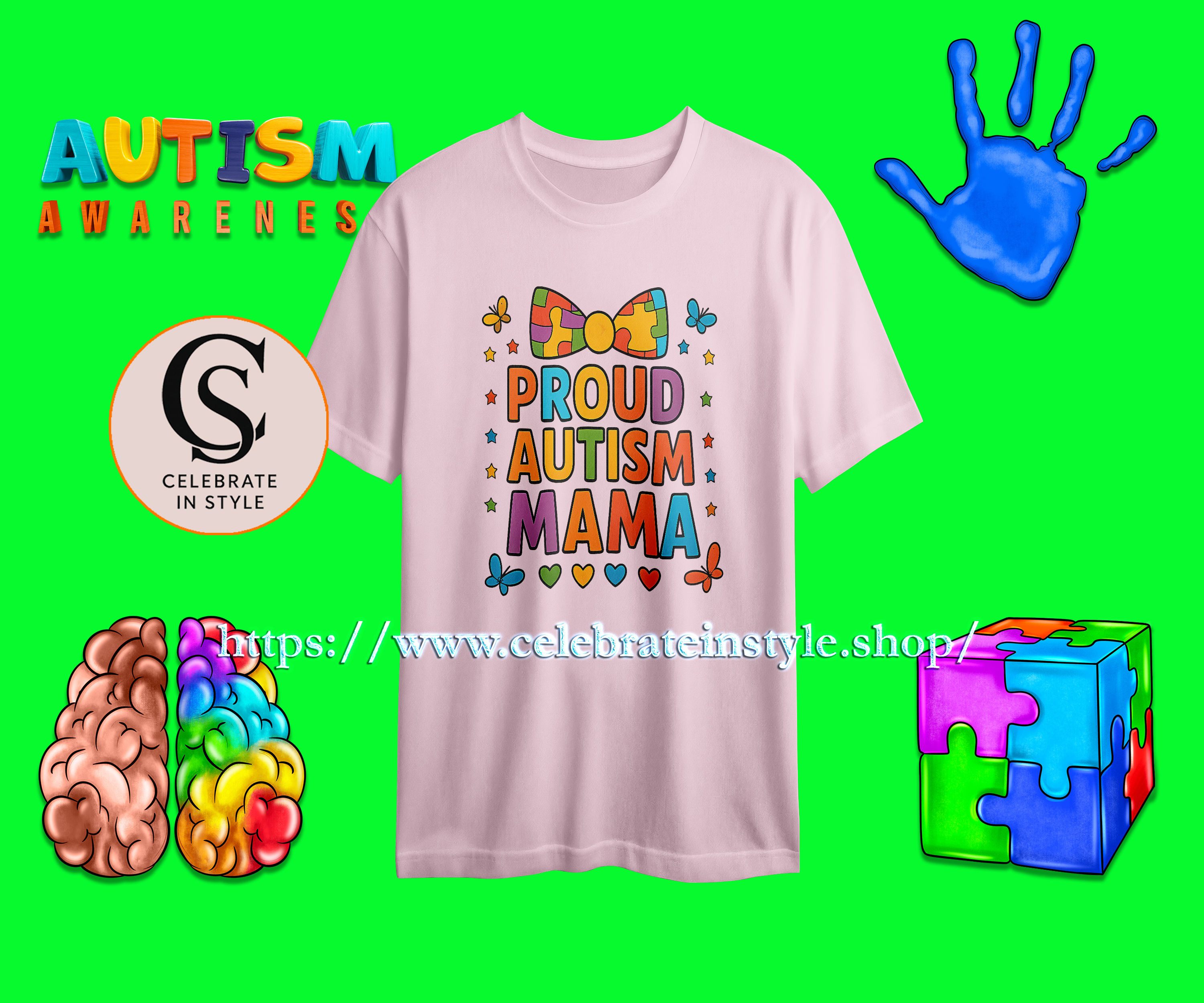 White t-shirt, 'PROUD AUTISM MAMA' text, colorful puzzle ribbon, butterflies.