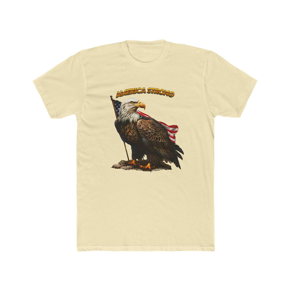 Thumbnail: Beige t-shirt with bald eagle, American flag, "AMERICA LAND OF THE FREE" text.