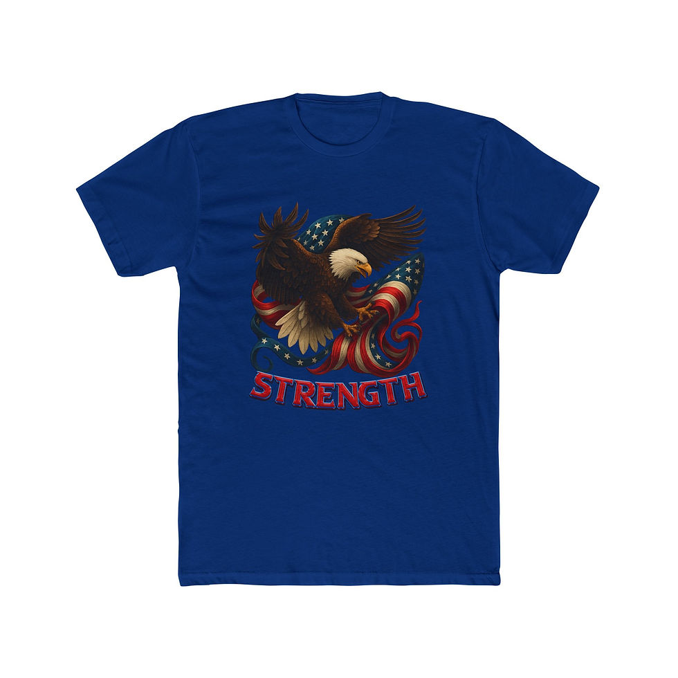 Thumbnail: Blue t-shirt with patriotic bald eagle, American flag design, text "STRENGTH".
